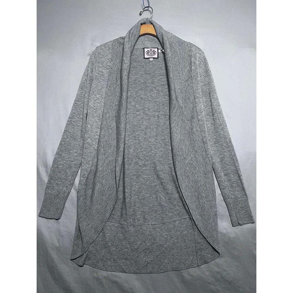 Juicy Couture Grey Open Front Cardigan Sweater Shawl Collar Heart Logo Size P